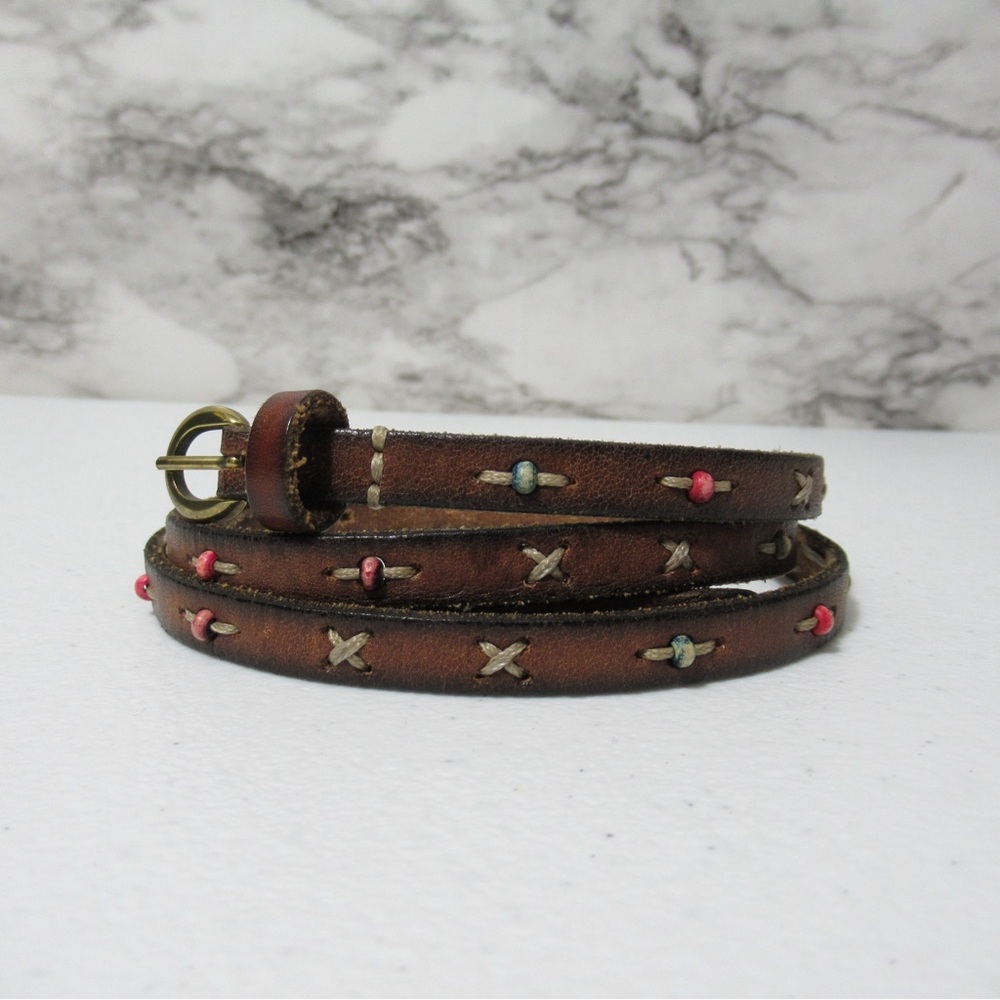 American Eagle Beaded and Stitching Skinny Leather Belt